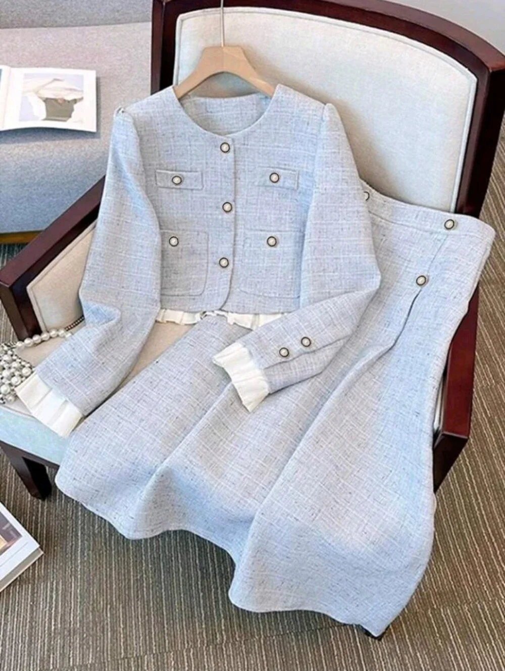 Women's Round Neck Single-Breasted Elegant Patchwork 2 Pieces Set Fall Cloth